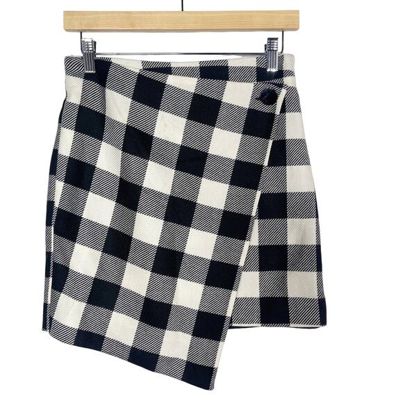 Milly Size 0 Black White Plaid Asymmetric Wrap Skirt Virgin Wool Exposed Button - Picture 1 of 12